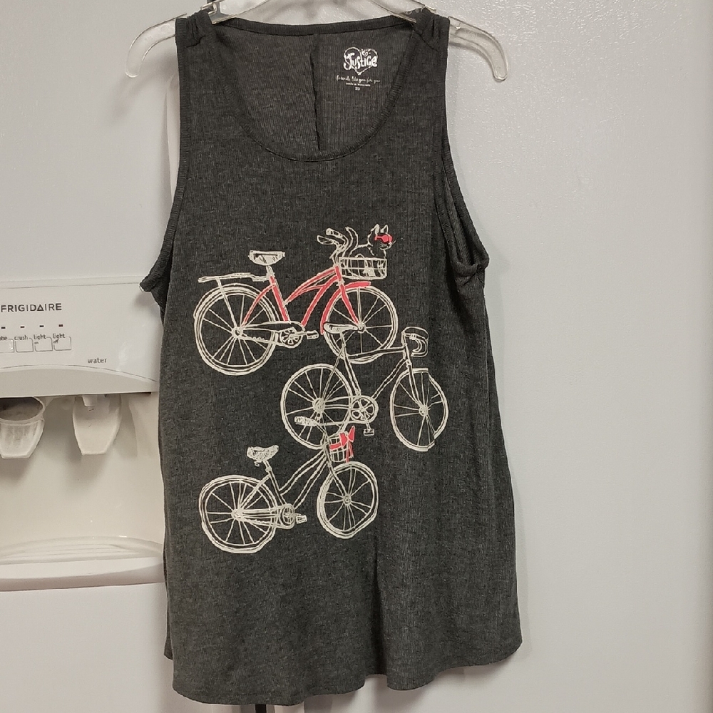 Justice Gray Flowy Tank Top with Bicycle Print. Preowned Girl`s Plus  Size 20